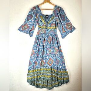 Angie Twist -Neck  Smocked Geo Midi/Maxi Dress Keyhole Waist Boho Hippie